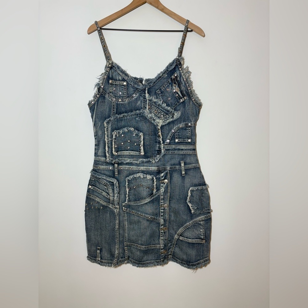 Deadstock Vtg 90s Y2K Platinum Plush Denim Patchwork Studded Jean Mini Dress - Picture 2 of 10